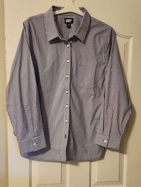 Lands' End Navy and White Striped Dress Shirt